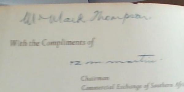 A History Of The Commercial Exchange Of Southern Africa 1905- 1955 (Signed by the Chairman)